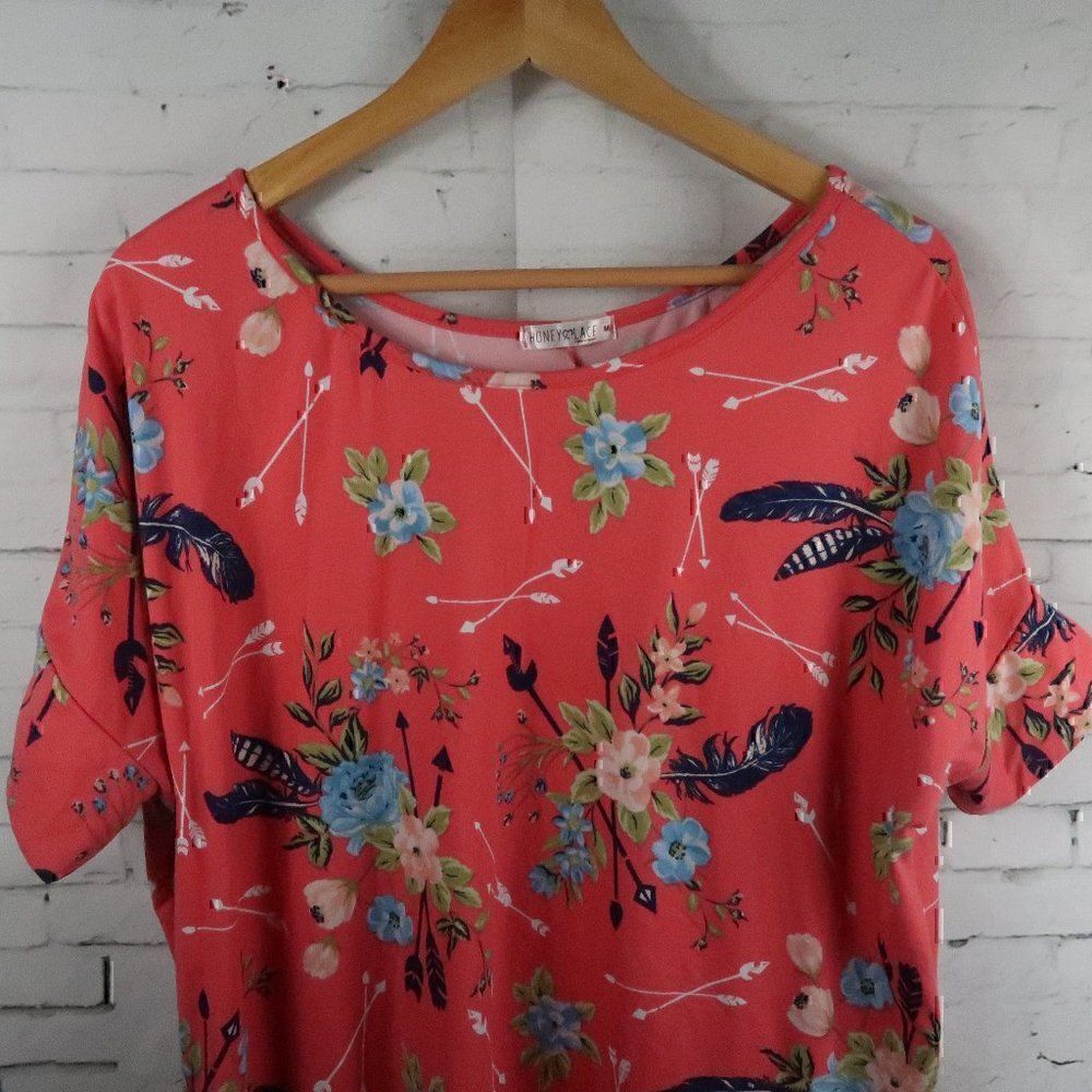 HONEY LACE PINK FLORAL SHORT SLEEVE ROUND NECK TUNIC TOP SIZE MEDIUM - Picture 4 of 8